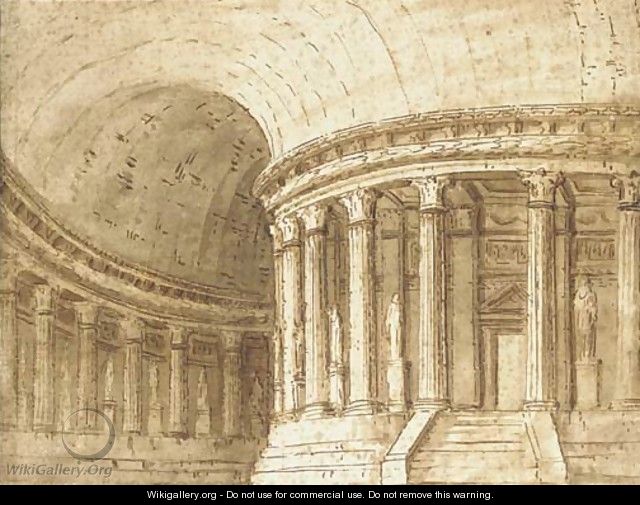 The interior of a circular classical temple Design for a stage set, possibly for La Fenice, Venice - Pietro Gonzaga