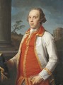 Portrait of Robert Udny (1722-1802), half-length, in a gold-trimmed coat, holding a hat and gloves in his right hand, the Temple of the Sybil at Tivol - Pompeo Gerolamo Batoni