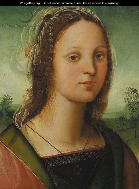 Portrait of a young lady, bust-length, with a pearl headdress, a landscape beyond - Raffaellino del Garbo