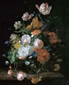 Roses, tulips and other flowers in a glass vase on a stone ledge - Rachel Ruysch
