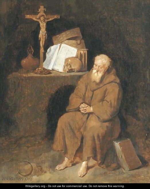 A hermit seated by an altar in a grotto - Quiringh Gerritsz. van Brekelenkam