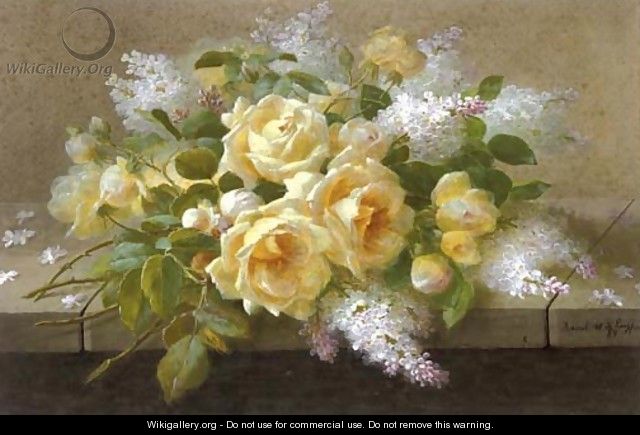 Still life of yellow roses and lilac - Raoul Maucherat de Longpre