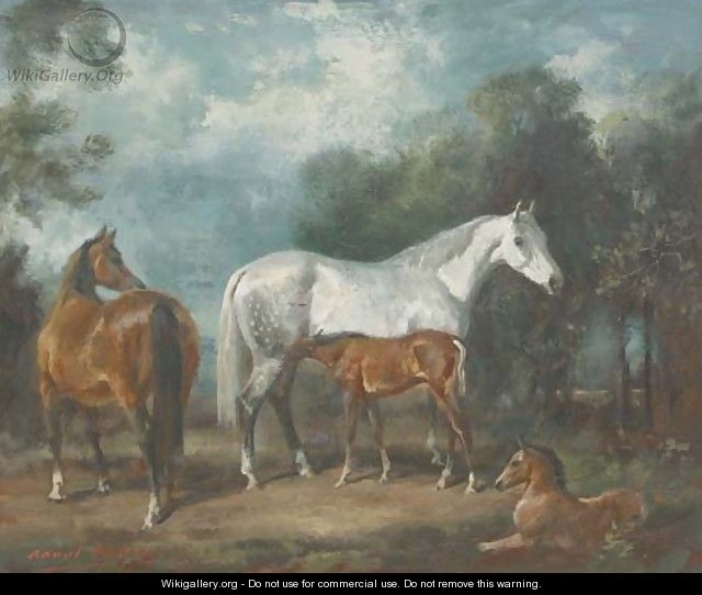 Mares and foals in a paddock - H. Raoul Millais
