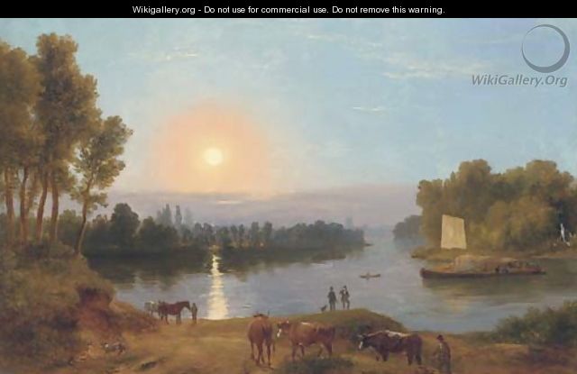 An extensive river landscape, with figures and cattle in the foreground, possibly on the River Thames looking from Petersham Meadows towards Richmond 2 - Ramsay Richard Reinagle