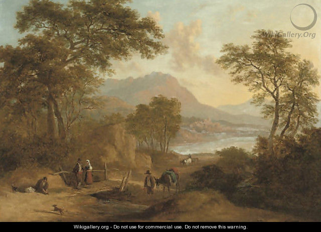An Alpine river landscape with figures on a track in the foreground, a town beyond - Ramsay Richard Reinagle