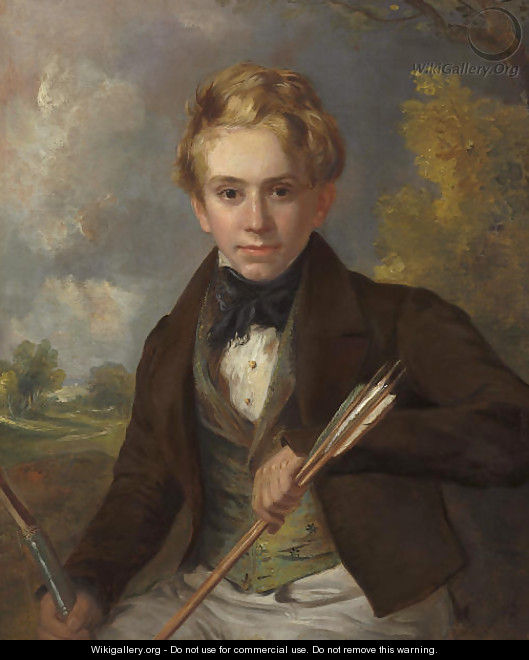 Portrait of a boy, half-length, in a brown jacket and green vest, holding a bow and arrows, in a landscape - Ramsay Richard Reinagle