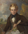 Portrait of a boy, half-length, in a brown jacket and green vest, holding a bow and arrows, in a landscape - Ramsay Richard Reinagle