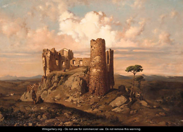 Figures among ruins with an extensive mountainous landscape beyond - Ramon (Marti) Alsina