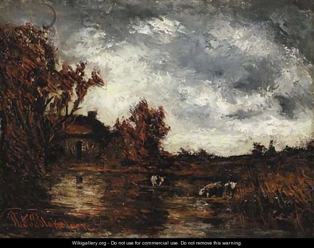 View of a Cottage with Cows Watering - Ralph Albert Blakelock