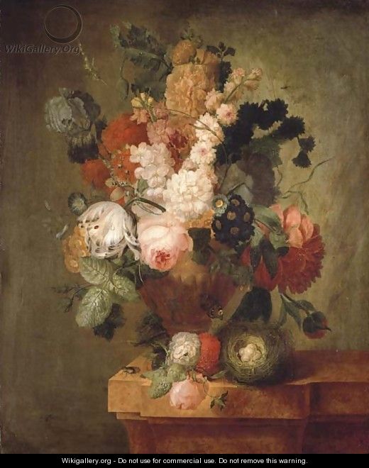 Roses, carnations, a tulip and other flowers in a sculpted urn with a bird