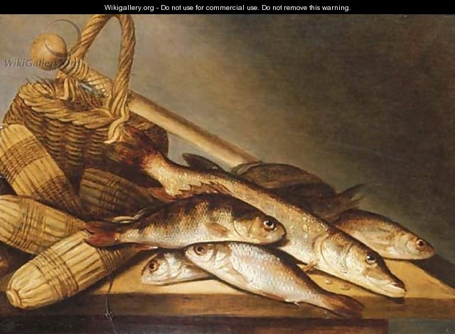 Pike, rudd and perch with fishing-nets and a basket on a wooden ledge - Pieter de Putter