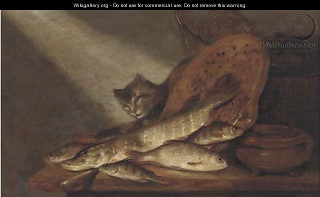 A cat, dead fish, earthenware pots and a fishing net on a table - Pieter de Putter