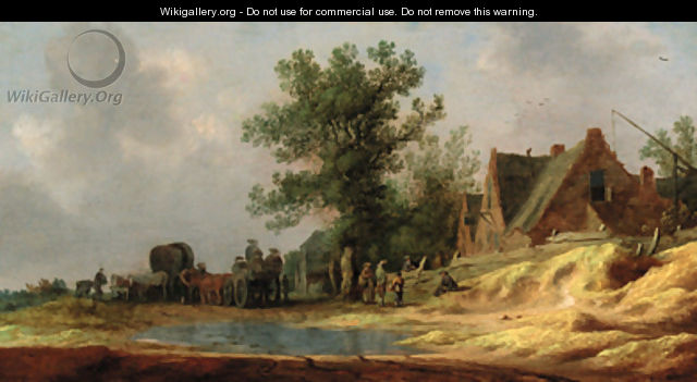 Travellers on a flooded path in a landscape, an inn beyond - Pieter de Neyn