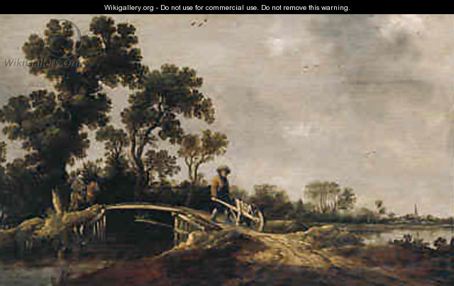 A horseman and a peasant with a wheel-barrow on a bridge in a river landscape - Pieter de Neyn