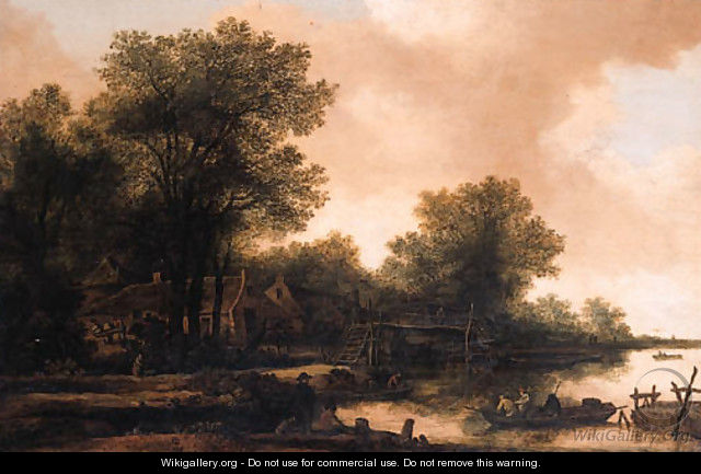 A hamlet in a wood by a river with fishermen in a rowing boat by a footbridge - Pieter Molijn