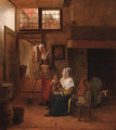 A mother and child with a serving woman in an interior, a hallway beyond - Pieter De Hooch