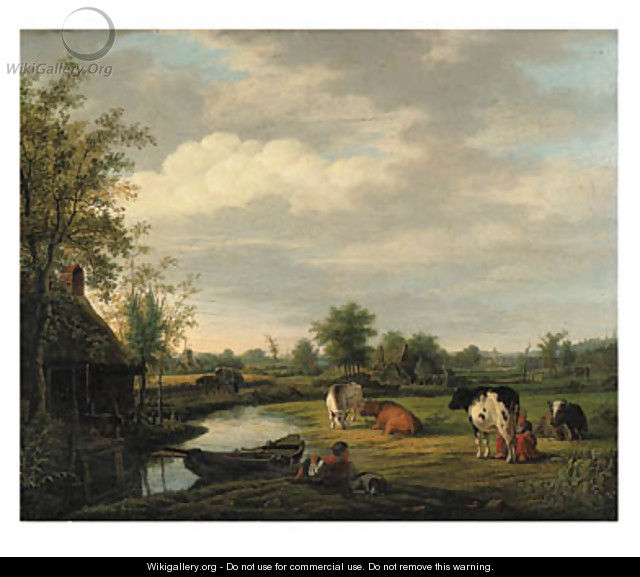 Peasants and cattle by a cottage in a river landscape - Pieter De Goeje