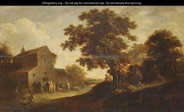 A wooded Landscape with Peasants gathered outside a Church - Pieter de Bloot