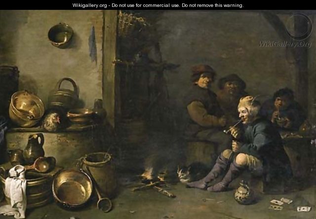 Boors smoking by a fire in a barn, with pots, pans and other kitchen utensils in the foreground - Pieter de Bloot