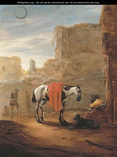 A horse and traveller resting on a road with ruins beyond - Pieter Cornelisz. Verbeeck