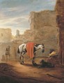 A horse and traveller resting on a road with ruins beyond - Pieter Cornelisz. Verbeeck