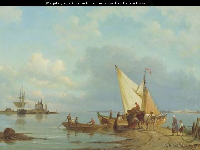 Unloading the cargo on the bank of an estuary - Pieter Christiaan Cornelis Dommersen