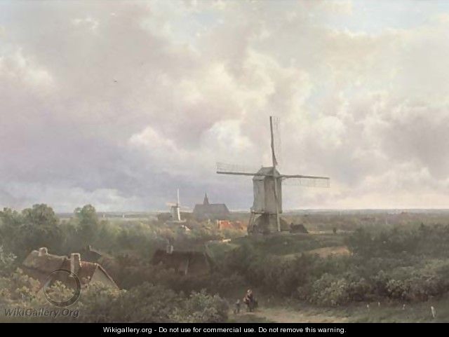 Windmills in a panoramic landscape in summer - Pieter Lodewijk Francisco Kluyver