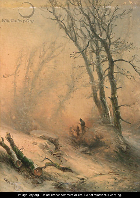 A snow-covered forest landscape with travellers approaching - Pieter Lodewijk Francisco Kluyver