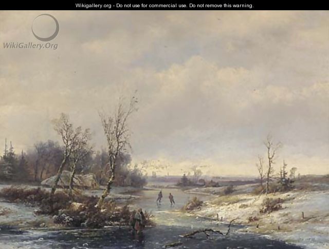 A panoramic winter landscape with skaters on the ice - Pieter Lodewijk Francisco Kluyver