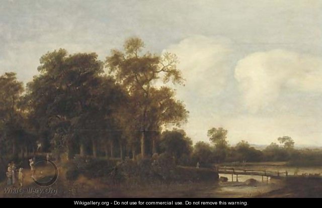 A wooded river landscape with hunters on a path - Pieter Jansz. van Asch