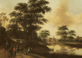 A hunting party near a lake, a village in the distance - Pieter Jansz. van Asch