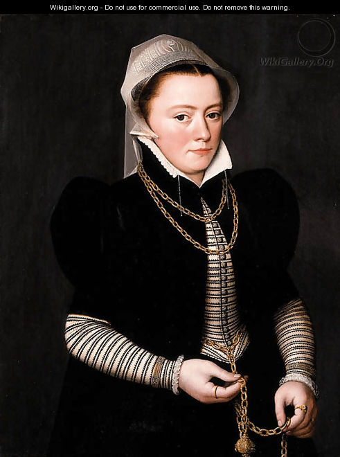 Portrait of a Lady, three-quarter length, wearing a striped bodice and black coat, holding a pomander on a gold chain - Pieter Pourbus