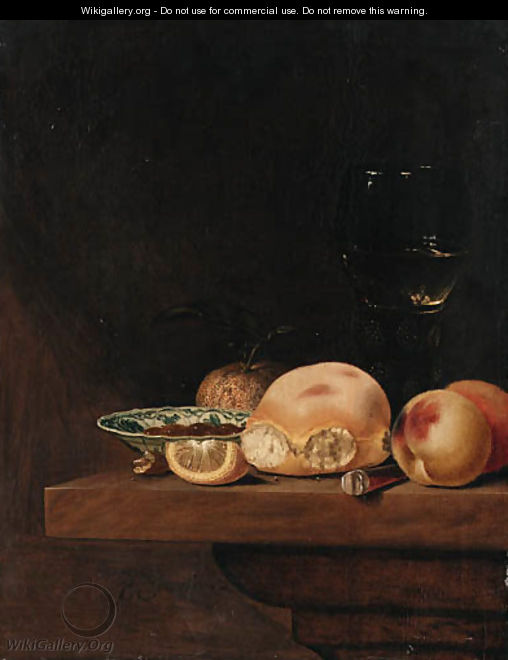 A Bread Roll, Peaches, an Orange, a Lemon Segment, a porcelain Dish with Nuts, a Knife and a Roemer on a Shelf - Pieter Janssens Elinga
