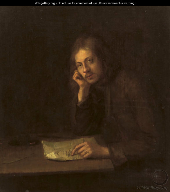 A man seated at a table pointing to a letter - Pieter Harmansz Verelst