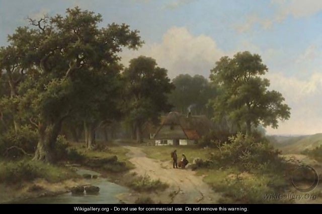 Peasants resting by a stream at the edge of a forest - Hendrik Pieter Koekkoek