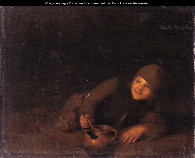 A young boor reclining, eating from an earthenware bowl - Pieter Harmansz Verelst