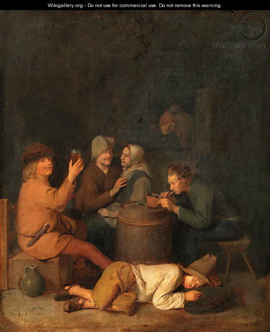 Boors drinking and smoking in an interior - Pieter Harmansz Verelst