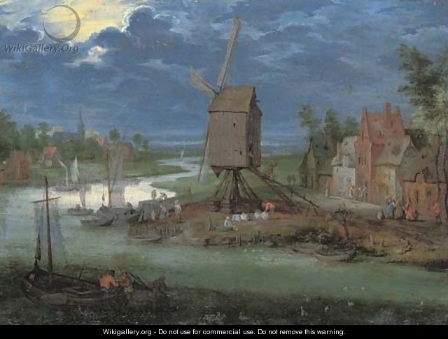 A river landscape with peasants by a landing-stage and a windmill - Pieter Gysels