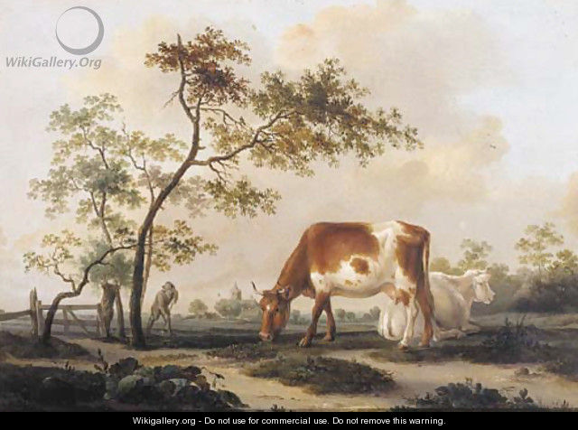 Cows on a farmyard with a village in the distance, in summer - Pieter Gerardus Van Os