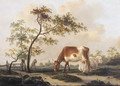 Cows on a farmyard with a village in the distance, in summer - Pieter Gerardus Van Os