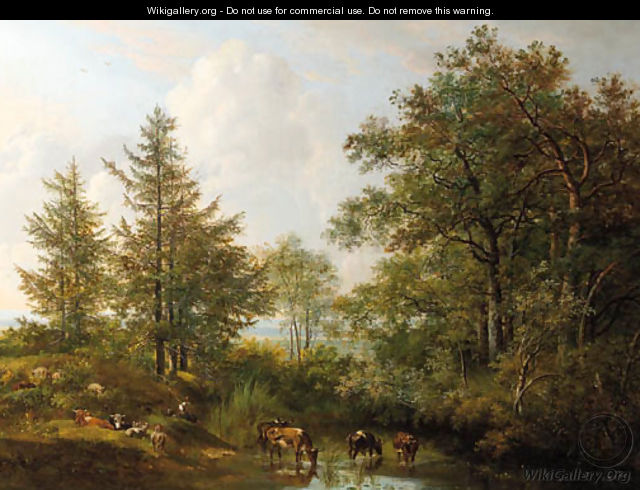 A shepherdess and cattle resting by a wooded pond - Pieter Gerardus Van Os