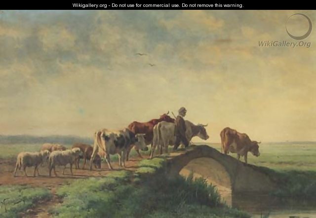A herdsman with flock crossing a ditch - Pieter Stortenbeker