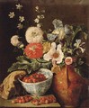 Wild strawberries in a blue and white porcelain bowl, carnations, irises, and other flowers in an earthenware jug on a stone ledge - Pieter Snyers