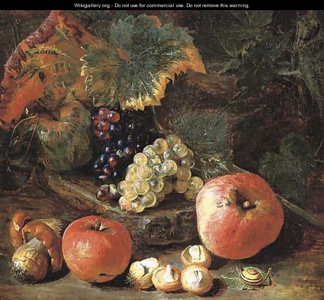 Grapes and vine leaves on a stone ledge with apples, mushrooms and a snail - Pieter Snyers