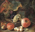 Grapes and vine leaves on a stone ledge with apples, mushrooms and a snail - Pieter Snyers