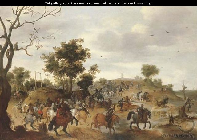 A landscape with a cavalry battle, gallows and a windmill beyond - Pieter Snayers