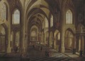 The interior of a cathedral with elegant figures, a procession beyond - Peeter, the Younger Neeffs