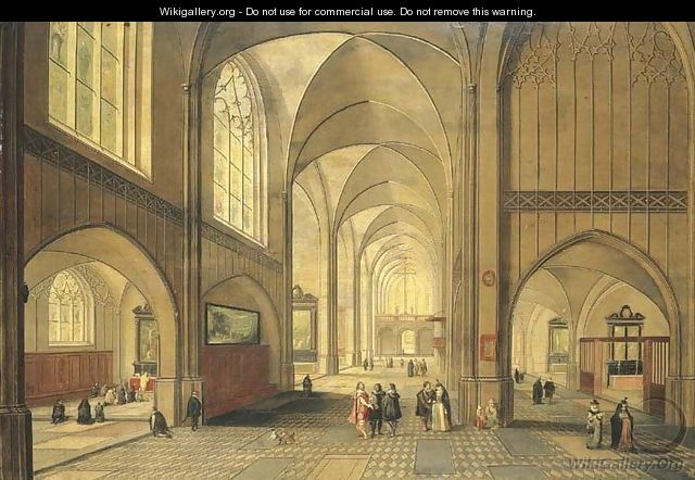 The interior of a cathedral with elegant company, a service in progress in a side chapel 2 - Peeter, the Younger Neeffs