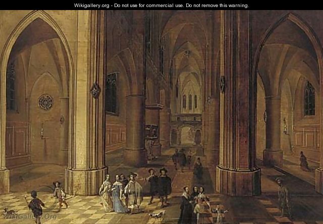 The interior of a gothic church by night with elegant company and torchbearers in the foreground - Peeter, the Younger Neeffs