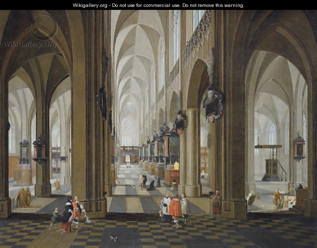 A church interior with elegant company in the nave and aisle - Peeter, the Elder Neeffs